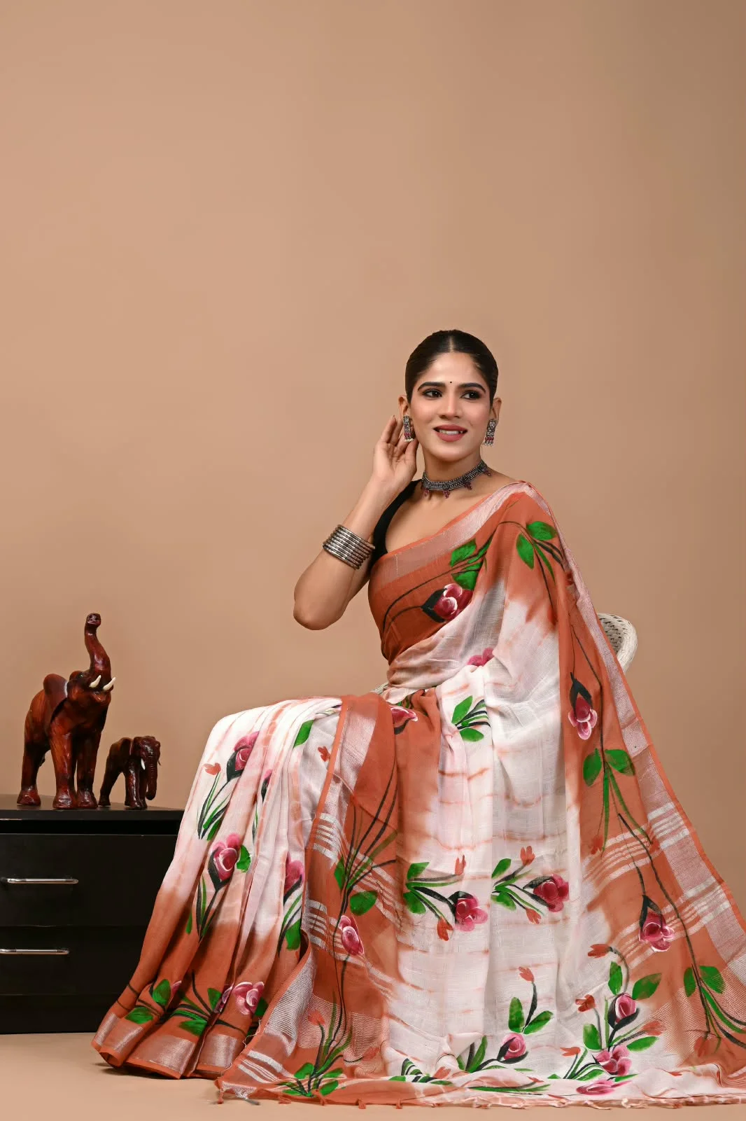 Marron Bagru Hand Block Printend Soft Linen Fabric Saree